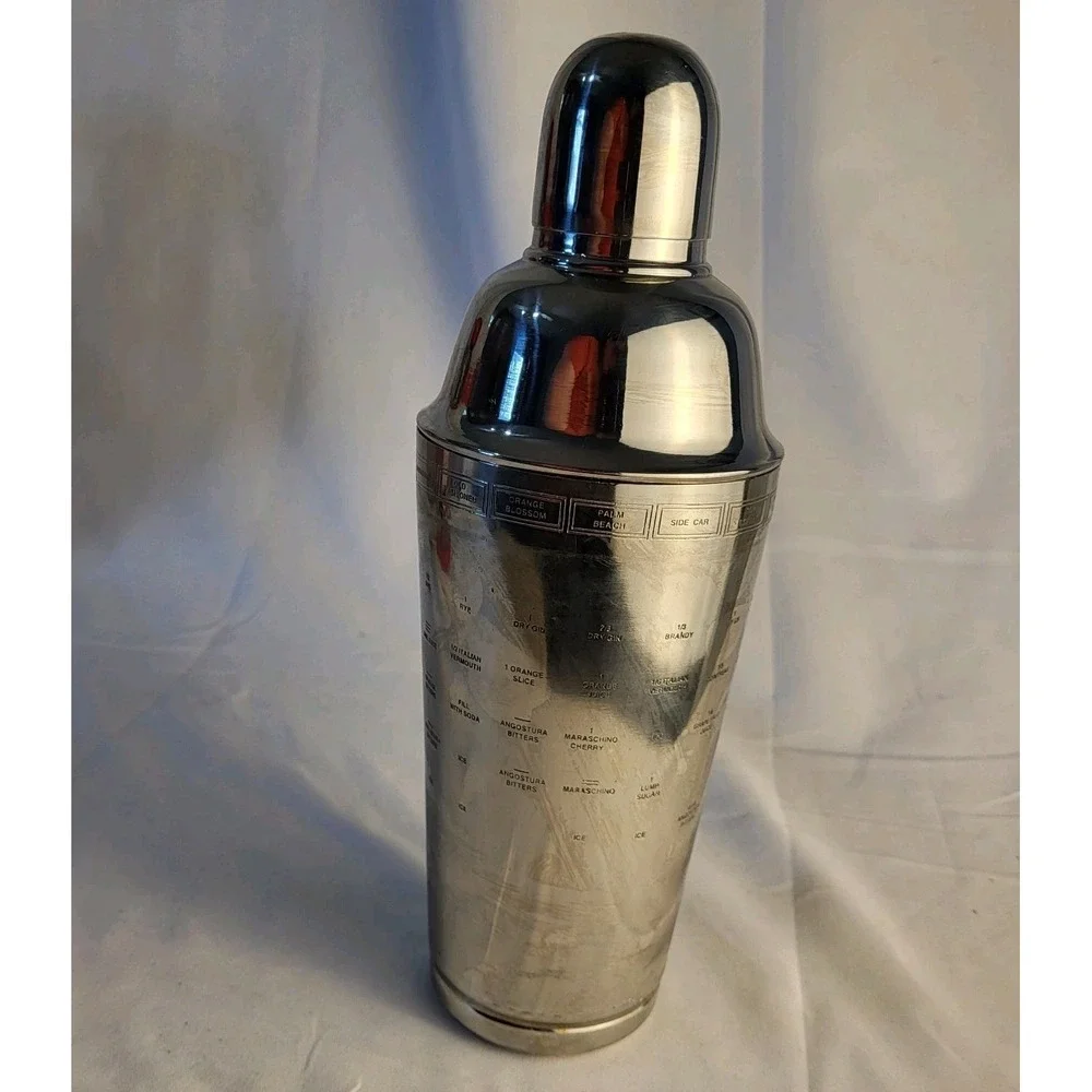 Vintage Stainless Cocktail Shaker Drink Mixer Recipes On Side